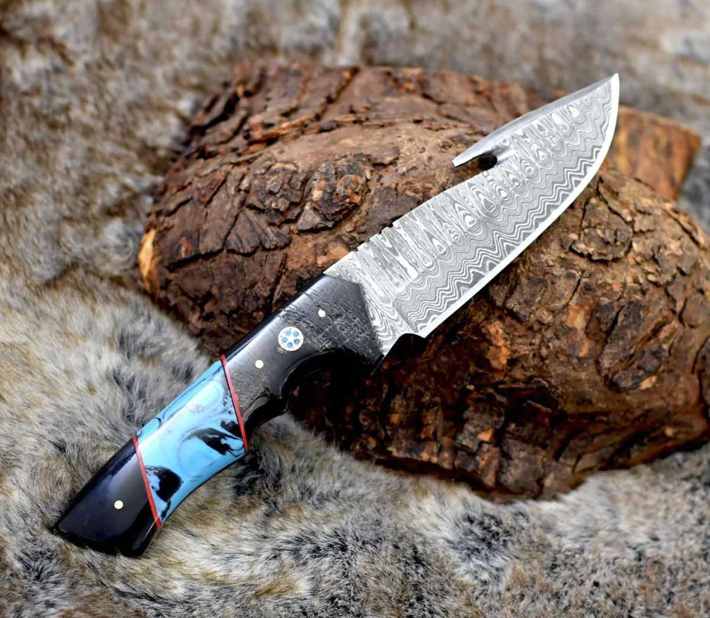 DAMASCUS EVOKE HOOK KNIFE, Resin & TURQUOISE HANDLE