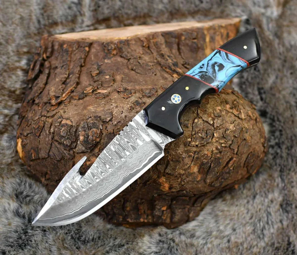 DAMASCUS EVOKE HOOK KNIFE, Resin & TURQUOISE HANDLE