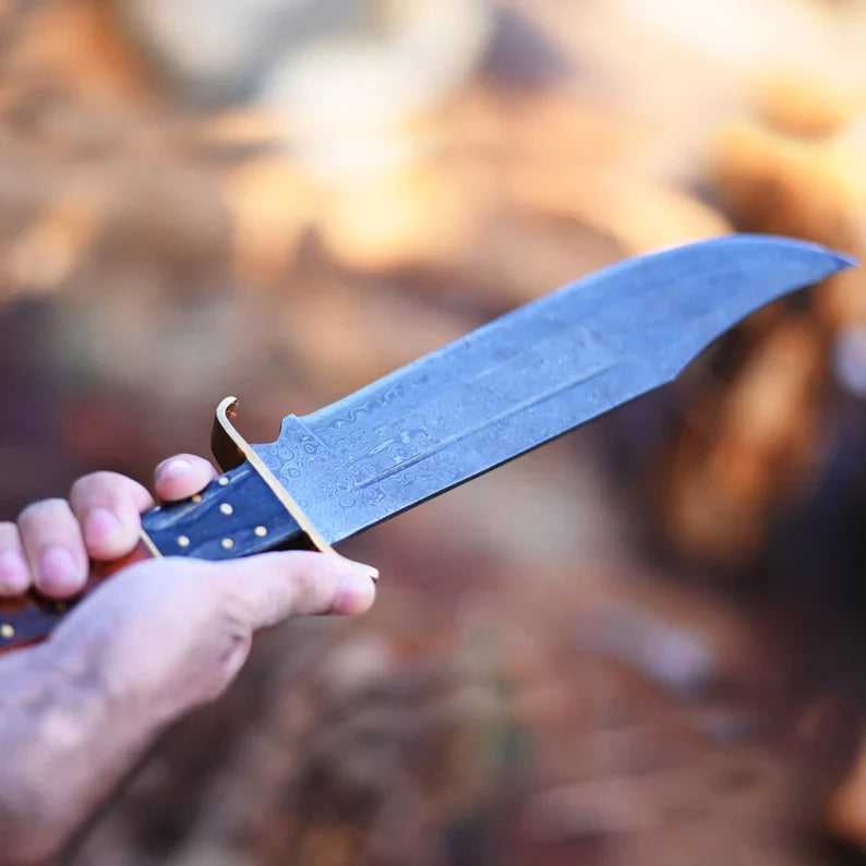Premium Handmade Damascus Steel Rambo Knife with Brass Wood Handle & Leather Sheath