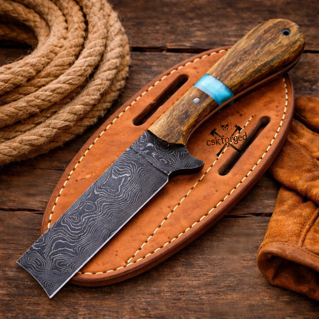 Belt Buckaroo Knife - 3.5” Damascus Steel with Pine Cone Handle